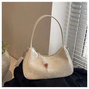 Minimalist cream white floral embossed shoulder bag with decorative bead tassel for women