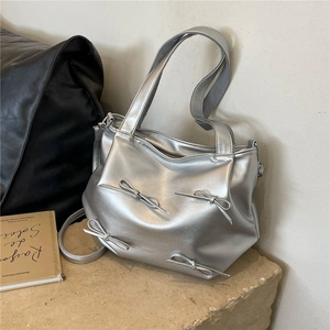 Fashion Bow Knot PU Leather Shoulder Bag For Women Metallic Silver Black Pink Large Tote Handbag Adjustable Crossbody Bag With Strap