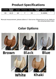 Detailed size specifications and five color options for this PU leather crescent handbag
