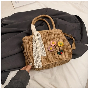 Sac à Main en Paille pour Femmes Avec Décoration Florale Ruban en Dentelle Sac Fourre-Tout de Plage d'Été Style Pastoral