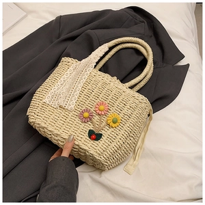 Sac fourre-tout en paille minimaliste avec ruban en dentelle et fleurs pour femmes