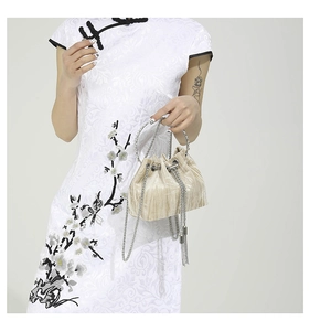 Detail of champagne velvet bucket bag with silver handle and elegant tassel fringe