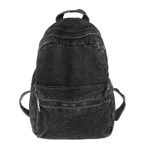 Classic black denim backpack for women with vintage washed texture and front zip pocket