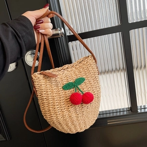 Women's Fashion Straw Woven Bucket Bag Handmade Cherry Floral Decor Summer Beach Crossbody Shoulder Bag Pastoral Style Handbag