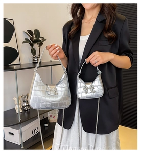 Detailed comparison of silver crocodile texture PU handbags with sparkling crystal bow details