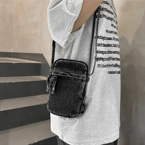 Schicke schwarze Denim-Umhängetasche für Handys mit Reißverschluss und dünnem Gurt