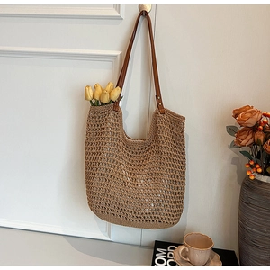 Chic 2024 khaki straw woven tote bag with brown straps and tulip floral decor