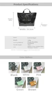 Detailed size chart for Tyvek tote bag showing dimensions and colors available in five shades