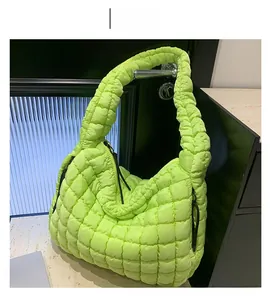 Detail of fluorescent green quilted puffer tote with square stitching and black zipper