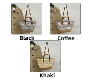 Detailed comparison of three bohemian woven tote bags in black, coffee, and khaki colors