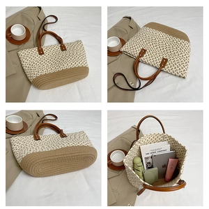 Detailed views of Bohemian woven tote bag with leather handles and spacious interior