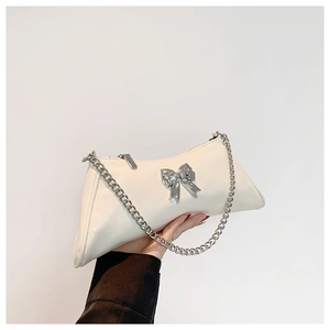 Fashion PU Leather Shoulder Bag For Women Silver Metal Bow Decoration Y2K Chic Underarm Bag With Chain Strap Daily Crossbody Bag