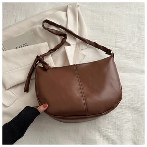 Minimalist dark brown PU leather half moon crossbody bag with wide shoulder strap
