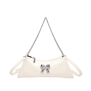Creamy white PU leather shoulder bag with silver bow detail and metal chain strap