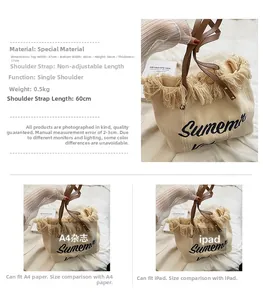 Spécifications de taille et tableau de capacité pour le sac cabas d'été avec franges