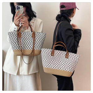 Detail of bohemian woven tote bag showing contrast colors and dual leather handles