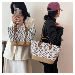 Detailed close-up showing woven texture and leather straps of large capacity straw tote bags