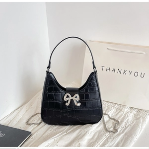 Women Elegant Crocodile Pattern PU Shoulder Bag With Rhinestone Bow Handbag Versatile Crossbody Bag Daily Party Jewelry Bag