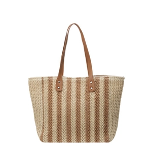 Vintage large straw tote bag with brown leather handles and striped woven design
