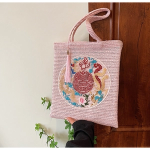 Women Minimalist Straw Shoulder Bag Dragon Phoenix Embroidery Large Tote Purse With Tassel Charm For Casual Vacation Daily Style