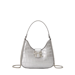Silver crocodile pattern hobo bag with rhinestone bow buckle and metal chain strap