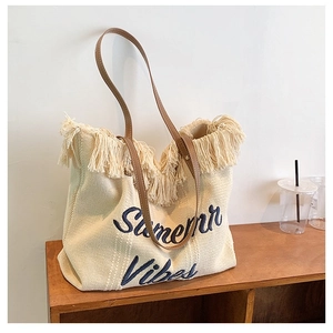 Sac Cabas en Toile Tissée pour Femmes Franges Grande Capacité Sac à Épaule Summer Vibes Brodé Sac à Main de Plage