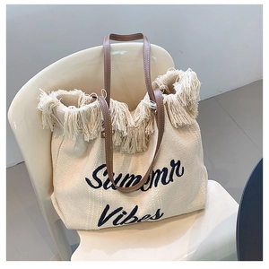 Sac cabas tissé beige minimaliste avec texte Summer Vibes et bandoulières en cuir