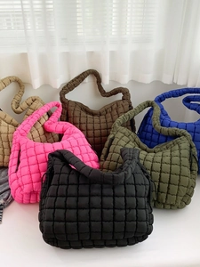 Multi-color quilted puff shoulder bags in various shades with square texture design