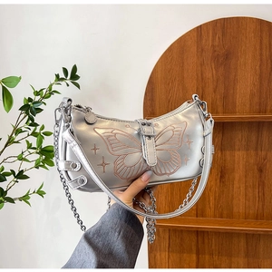 Elegante borsa a spalla in PU argento con ricami a farfalla e stella e catena in metallo