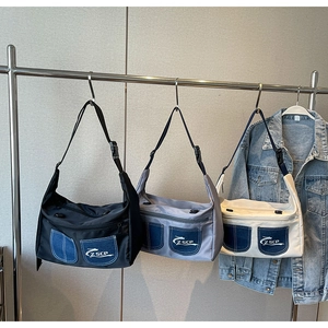 Womens Casual Nylon Canvas Shoulder Bag Large Capacity Denim Patchwork Crossbody Bag With Adjustable Strap Urban Style