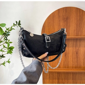 Borsa a tracolla nera in PU con farfalla a rilievo e catena d'argento elegante