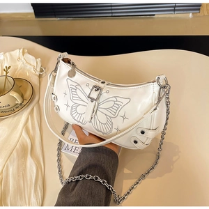 Borsa sottobraccio in PU bianco con ricamo a farfalla argento e tracolla a catena