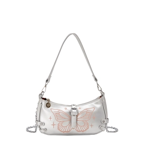 Borsa a spalla in pelle PU argento con ricamo a farfalla e catene metalliche