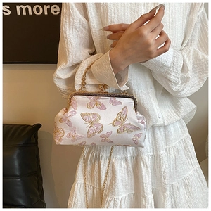 Détail du sac en satin élégant avec broderie papillon 3D et cadre doré avec chaîne chic