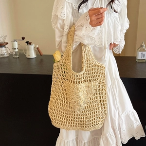 Handmade woven hollow straw tote bag with long handles for beach holiday fashion