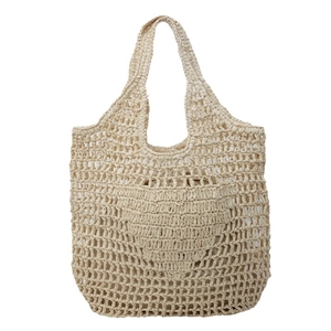 Handmade woven straw tote bag with large hollow mesh and heart pattern detail