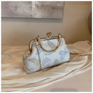 Sac à Épaule en Satin Brodé Papillon pour Femmes Sac à Main Vintage avec Fermoir Kiss Lock Poignée en Métal Or