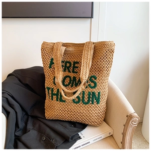 Women Casual Straw Woven Tote Bag Large Capacity Green Letter Embroidery Summer Beach Vacation Shoulder Bag Khaki Handbag