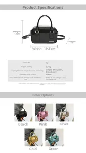 Detailed view of glossy PU leather Boston bags in five metallic colors with straps