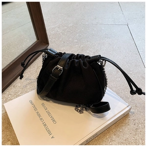 Chic black PU silk crossbody cloud bag with drawstring and stylish metal chain strap
