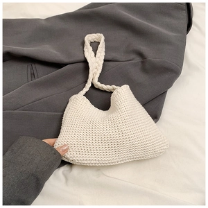 Minimalist white knit hobo shoulder bag with textured woven handle for women
