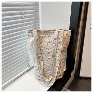 Sac Cabas Matelassé Floral pour Femmes Avec Nœud en Dentelle Sac à Épaule en Toile de Coton Style Coréen Grande Capacité