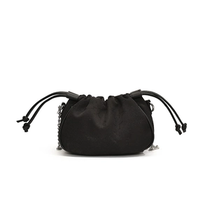 Minimalist black silk PU drawstring crossbody bag with silver chain strap and branch pattern