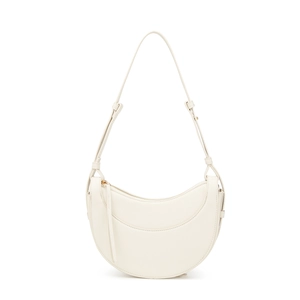 Detail of minimalist cream PU leather crescent bag with thin shoulder strap and zipper
