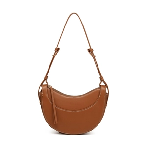 Minimalist brown PU leather half-moon shoulder bag with white contrast stitching details