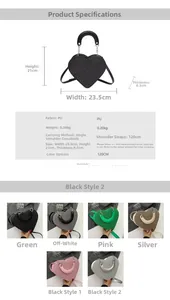 Tableau des tailles détaillé pour sac bandoulière en PU en forme de cœur avec options