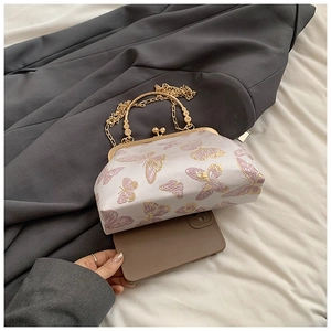 Sac à Main Vintage en Satin Broderie Papillon Fermoir Kiss-Lock Élégant Sac de Soirée Avec Bandoulière Chaîne Métallique Femme