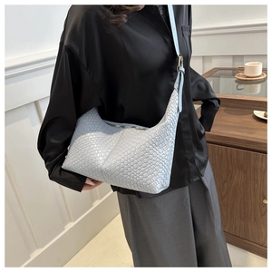 Detail of light blue hobo bag showing woven PU leather texture and adjustable strap