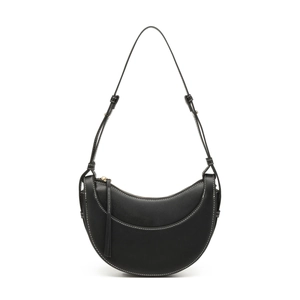 Minimalist black PU crescent shoulder bag with white contrast stitching and gold hardware