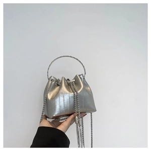 Trendy Urban PU Leather Pleated Drawstring Bucket Bag Metal Ring Handle And Chain Tassel Crossbody Shoulder Bag For Women